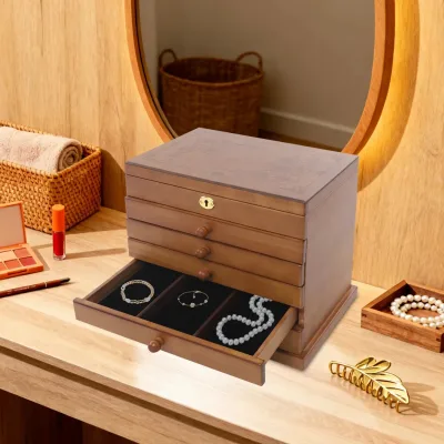 Boîte à bijoux marron à 6 tiroirs avec miroir