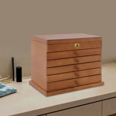 Boîte à bijoux marron à 6 tiroirs avec miroir – image 2