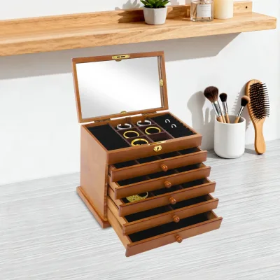 Boîte à bijoux marron à 6 tiroirs avec miroir – image 3