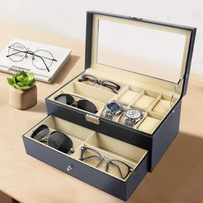 Boîte à montres noire à 6 compartiments