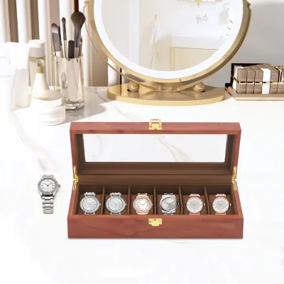 Boîte de rangement 6 montres marron à couvercle vitré