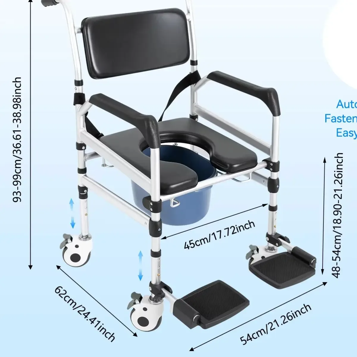 Chaise de douche pliante à roulettes, hauteur réglable