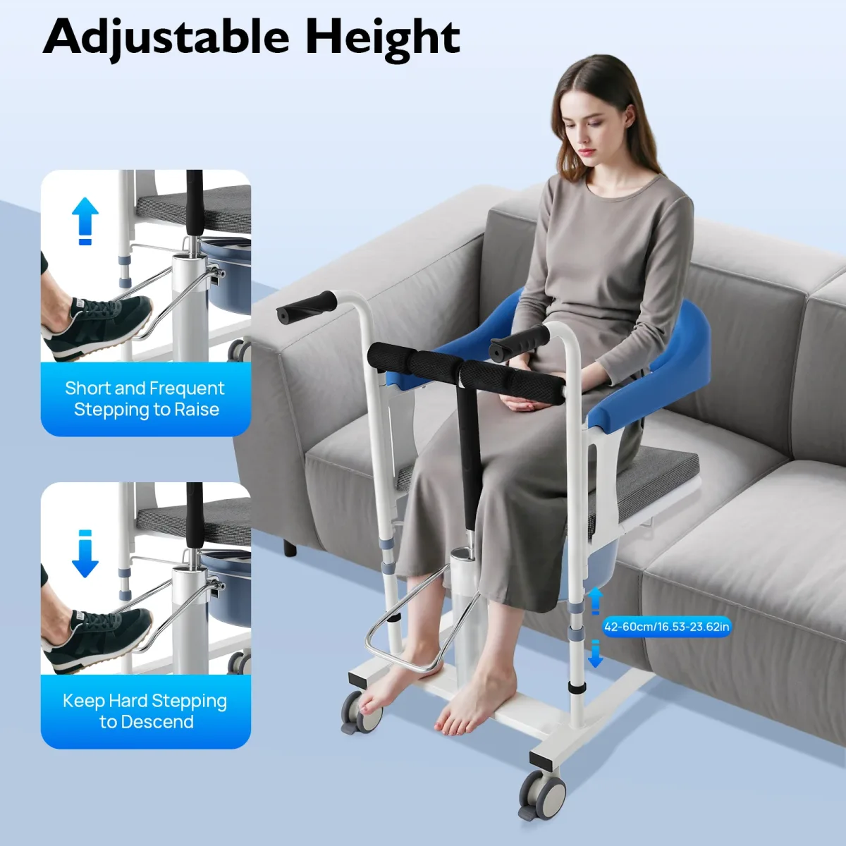 Chaise de transfert hydraulique bleue avec seau