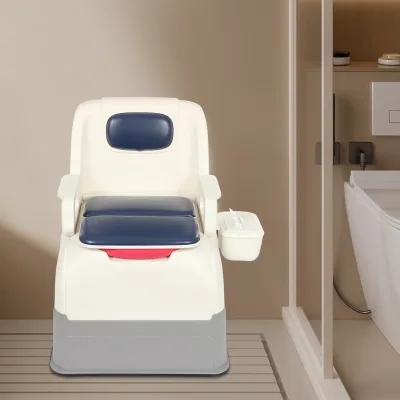 Chaise percée de chevet bleue, avec seau et accoudoirs – image 2