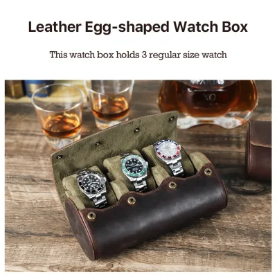 Étui de voyage ovale en cuir véritable, 3 montres – image 2