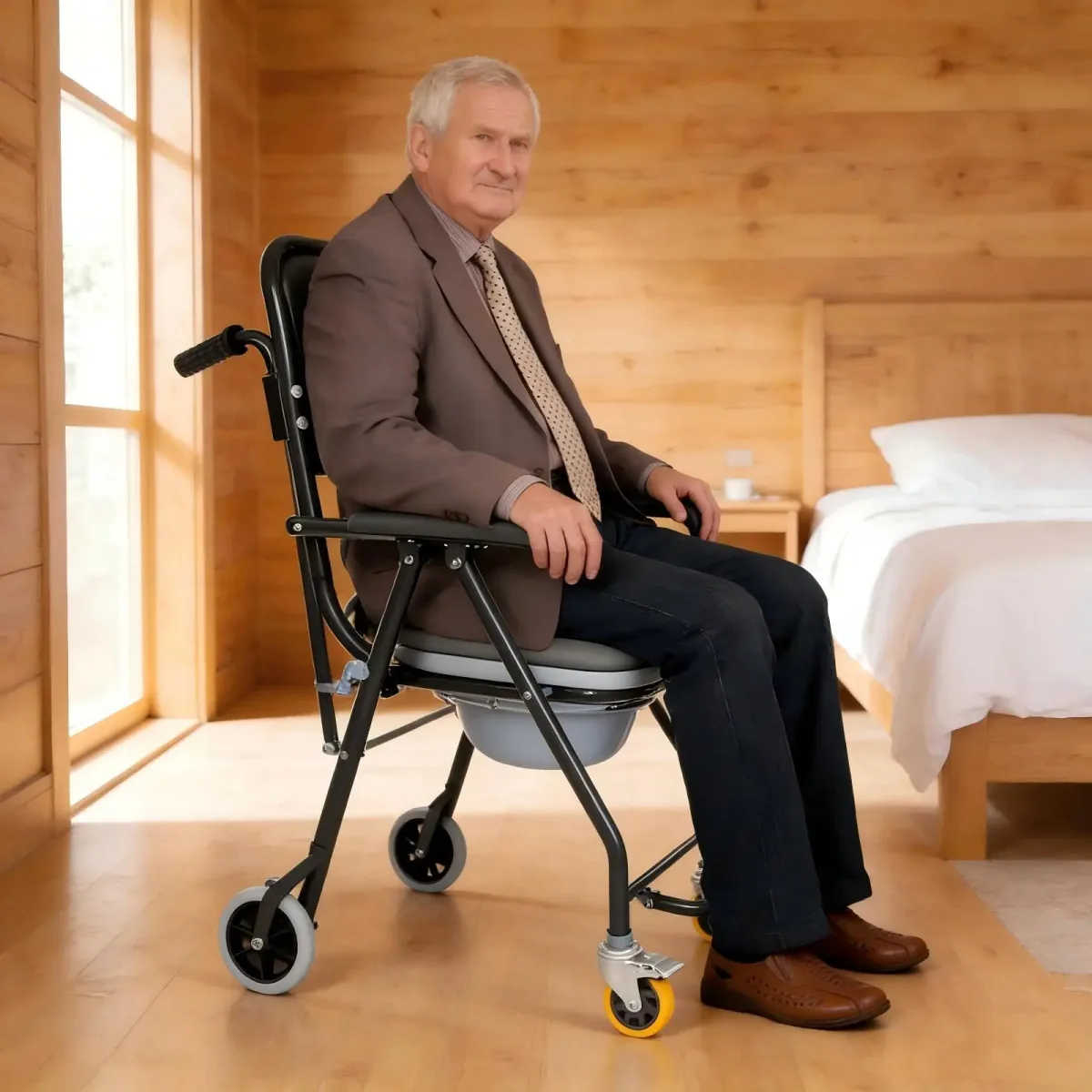 Fauteuil roulant de douche noir avec commode
